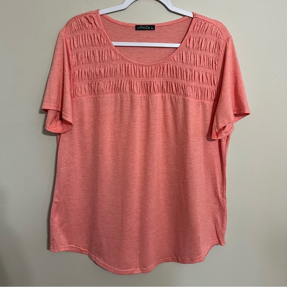 OFEEFAN Women's Short Sleeve Coral Smocked Crewneck Tee T-shirt size XL - Picture 2 of 6